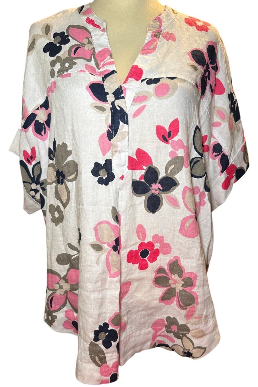Marks & Spencer Pure Linen V-Neck Tunic, Linen, Dolman, Floral, Plus Size 14